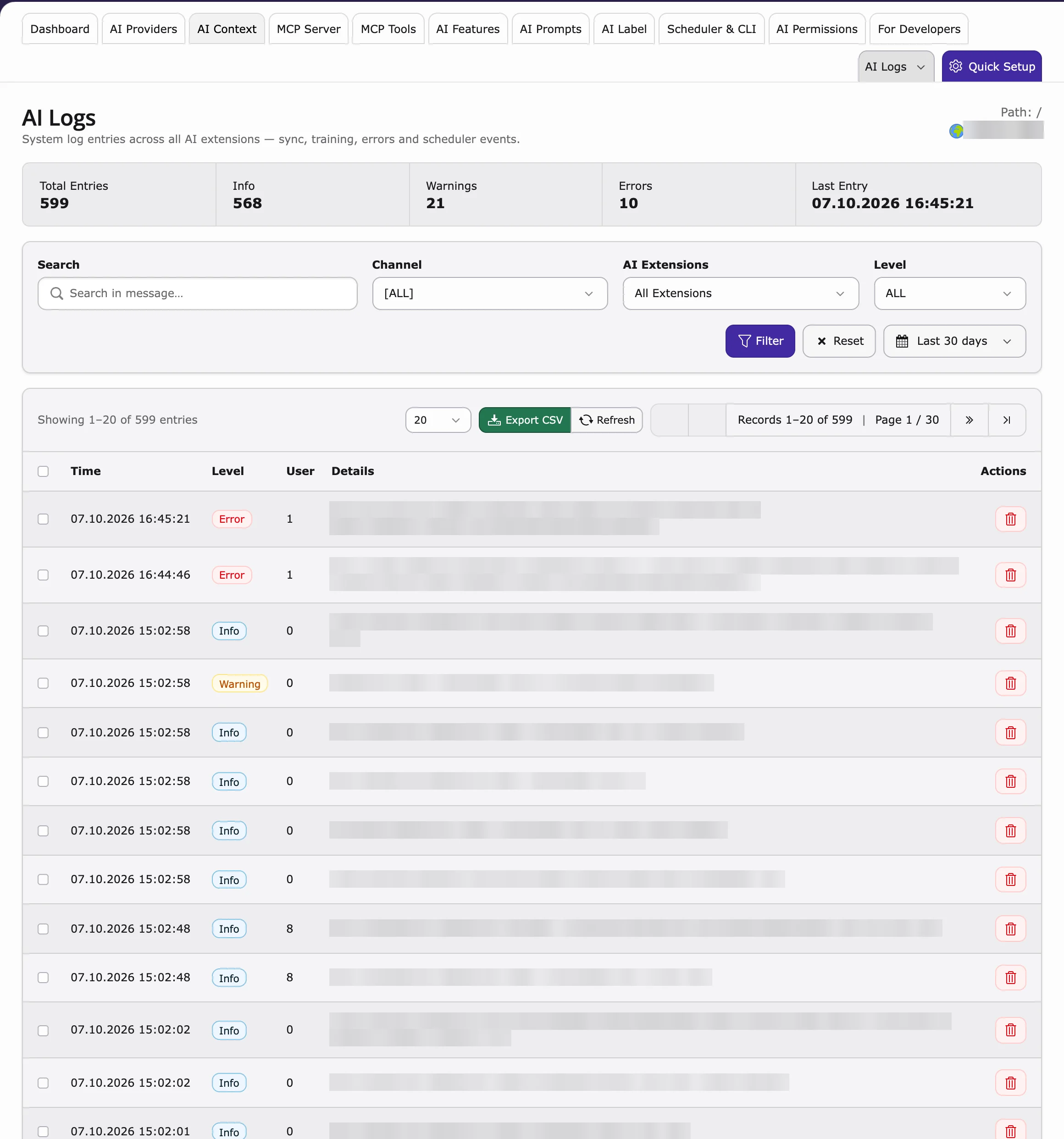 AI Logs with entry counts, filters and log entries