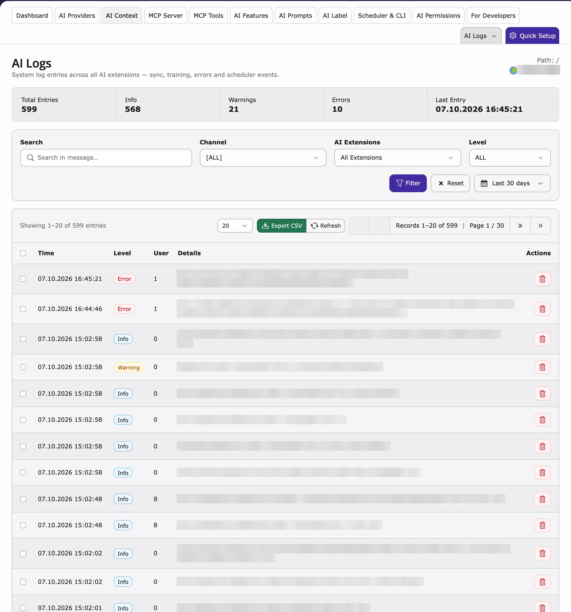 AI Logs with entry counts, filters and log entries
