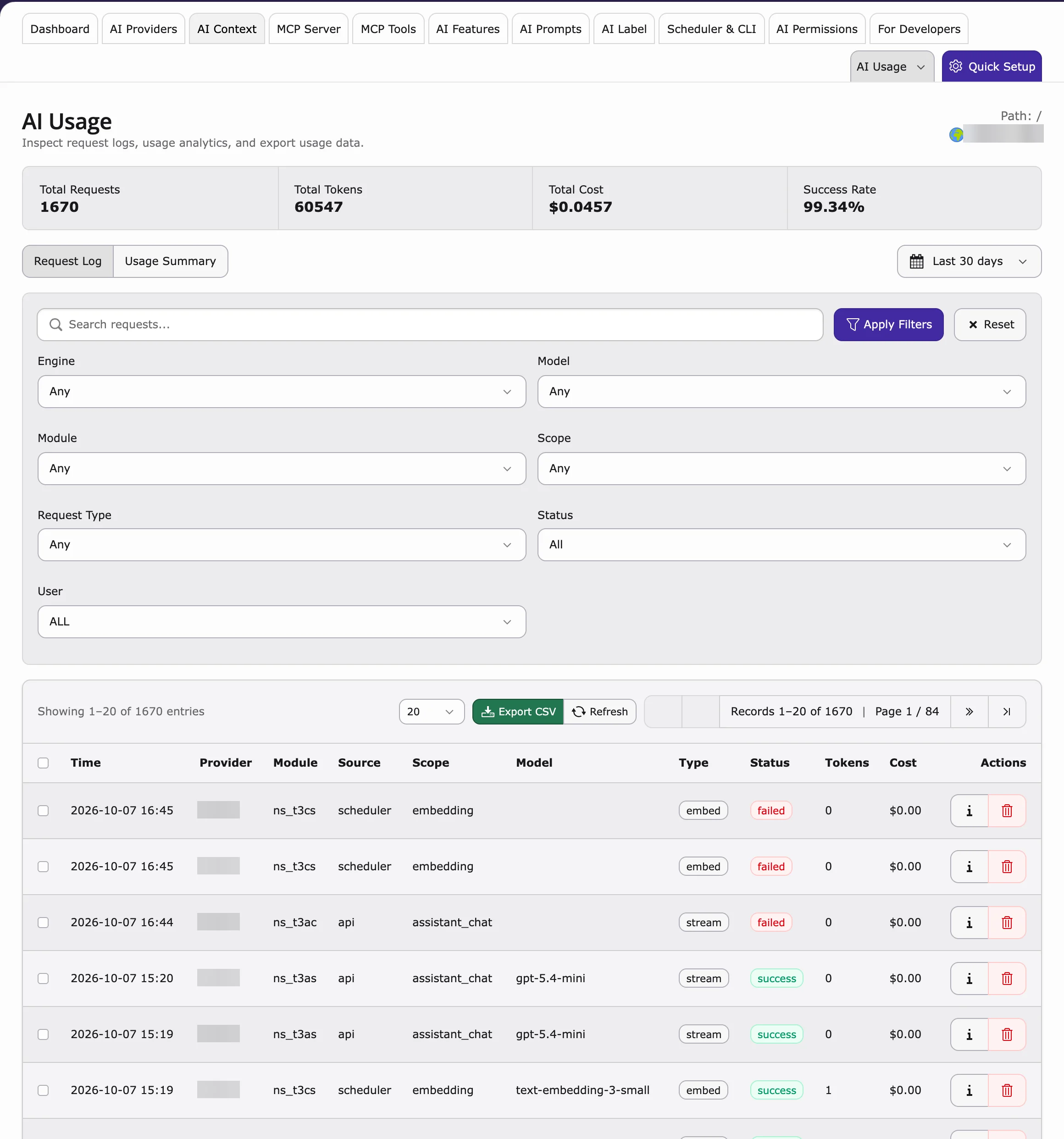 AI Usage with totals, filters and the request log