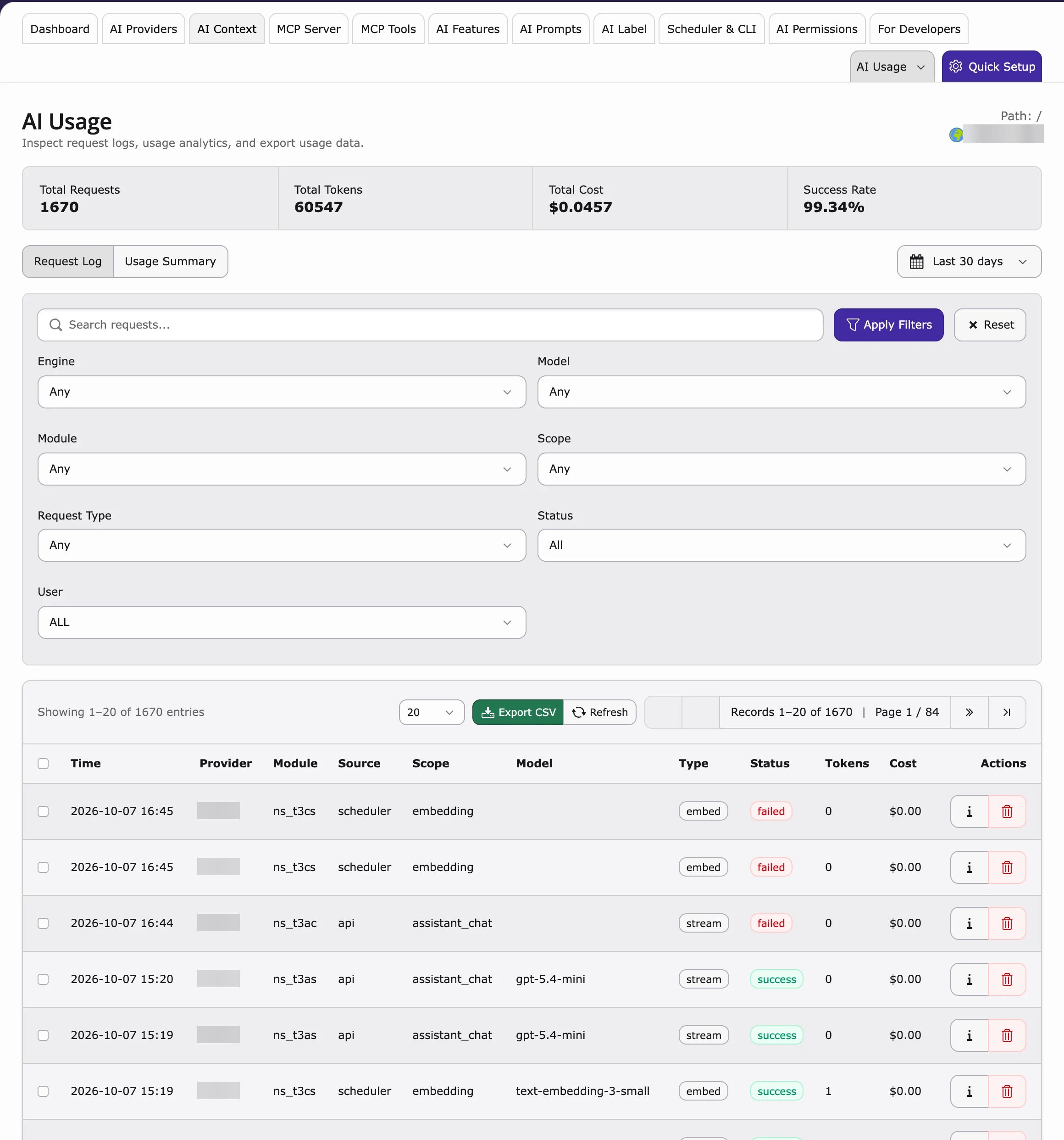 AI Usage with totals, filters and the request log