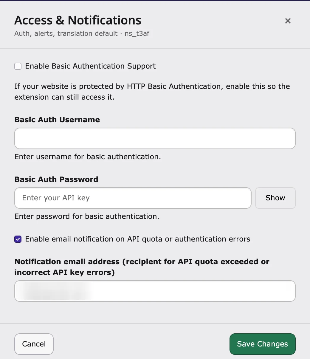 Access & Notifications drawer with Basic Auth and email alerts