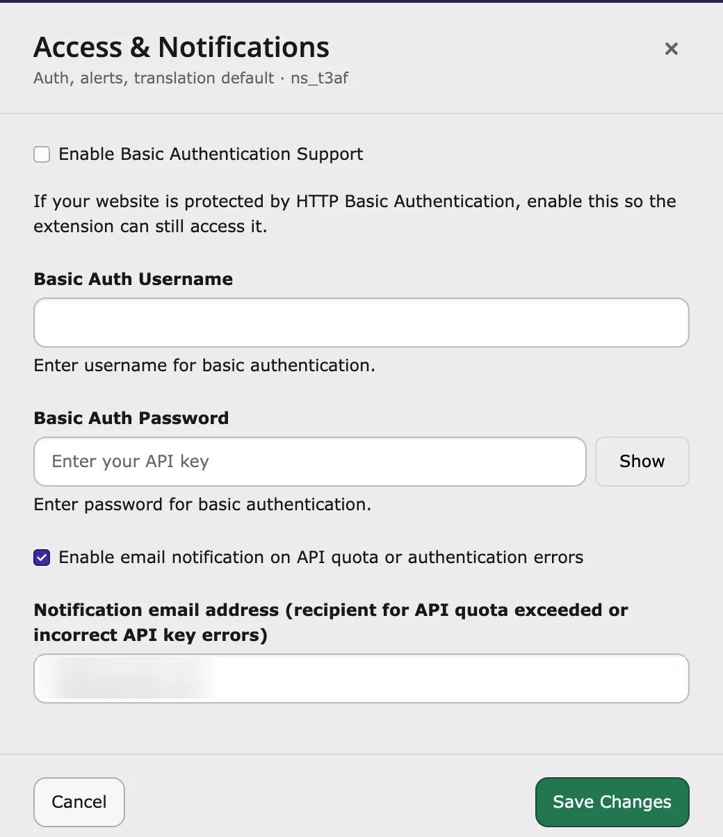 Access & Notifications drawer with Basic Auth and email alerts