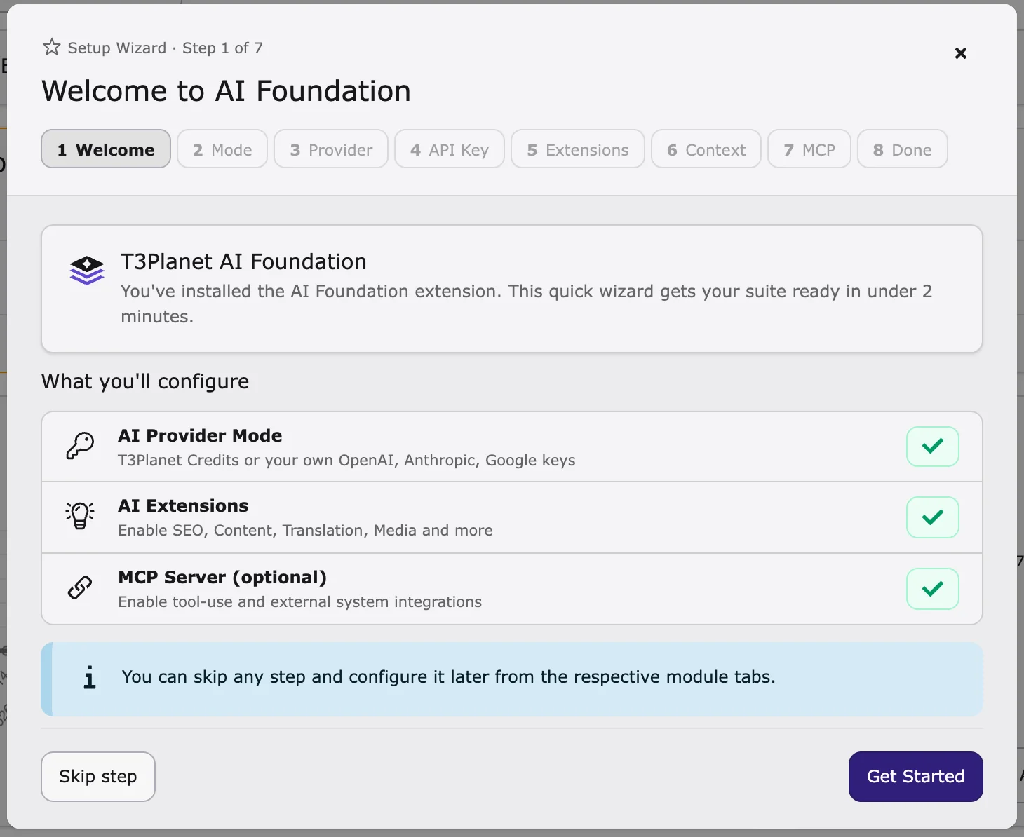 AI Foundation Quick Setup wizard, welcome step