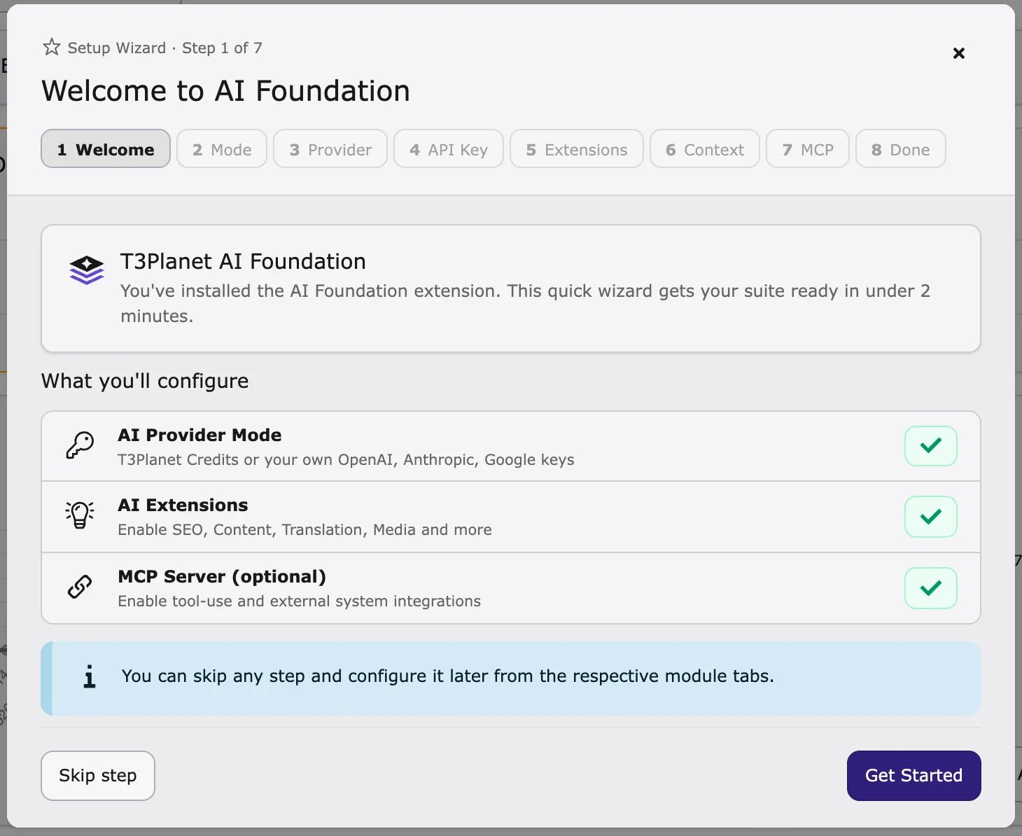 AI Foundation Quick Setup wizard, welcome step