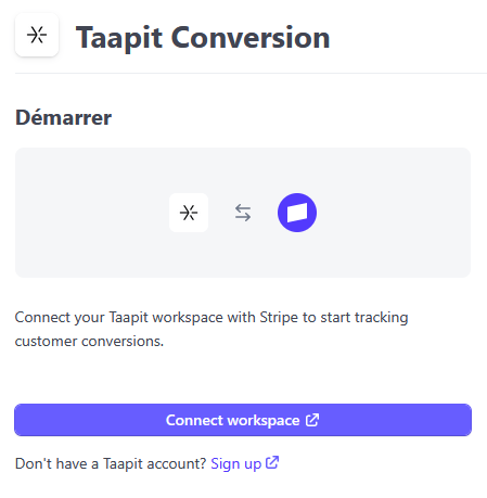 Taapit Stripe App - Connect workspace button