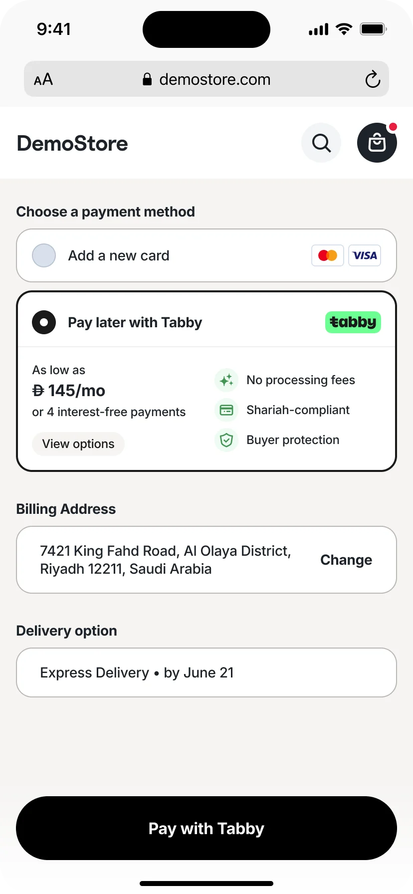 Tabby payment method on Checkout