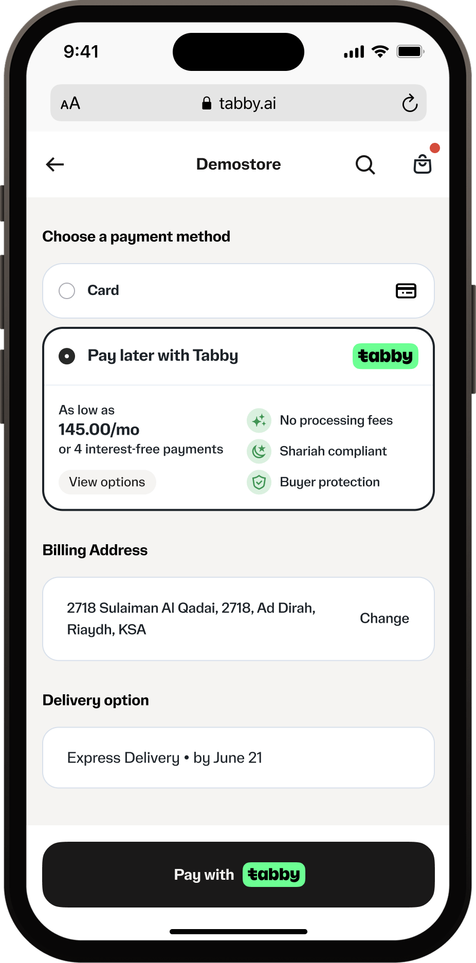 Tabby payment method on Checkout