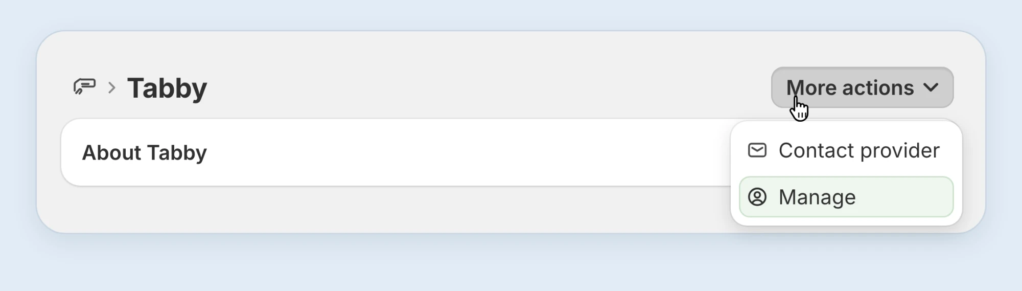 More actions menu on the Tabby page with Manage highlighted