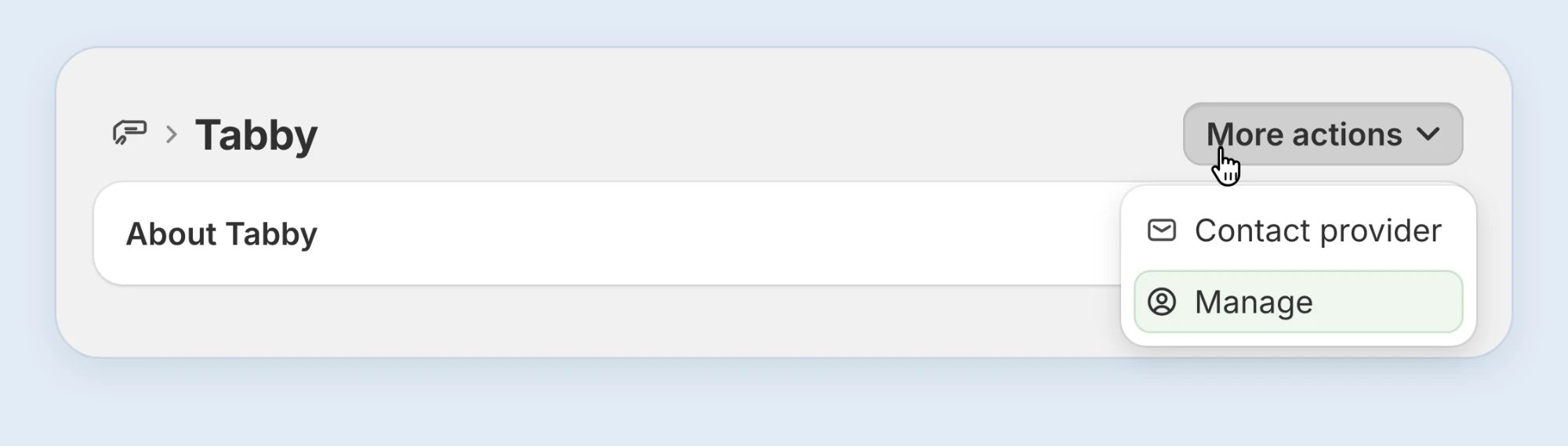 More actions menu on the Tabby page with Manage highlighted