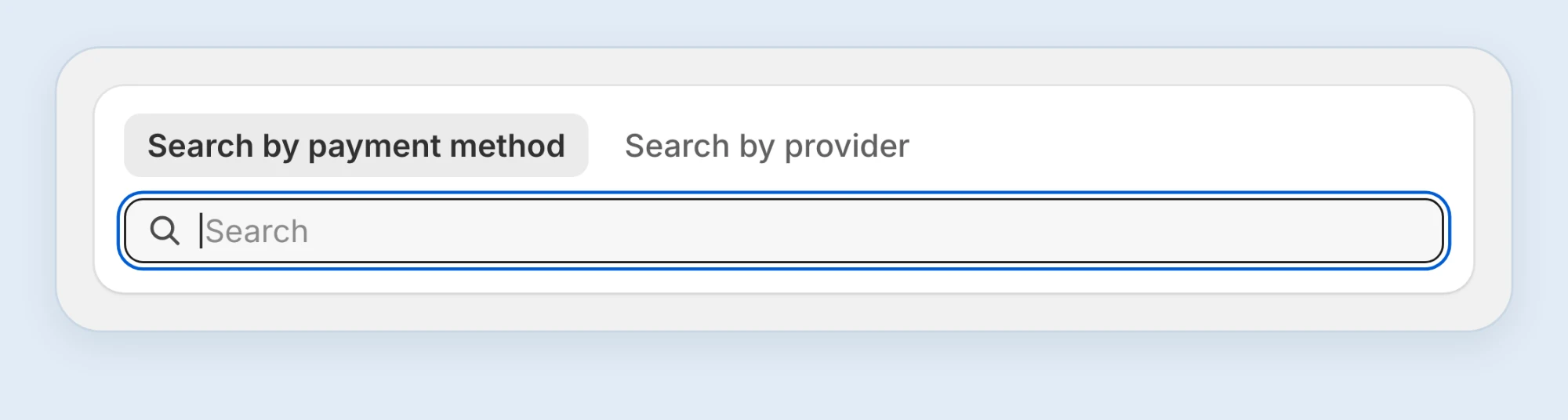 Add payment method page with the Search by payment method tab