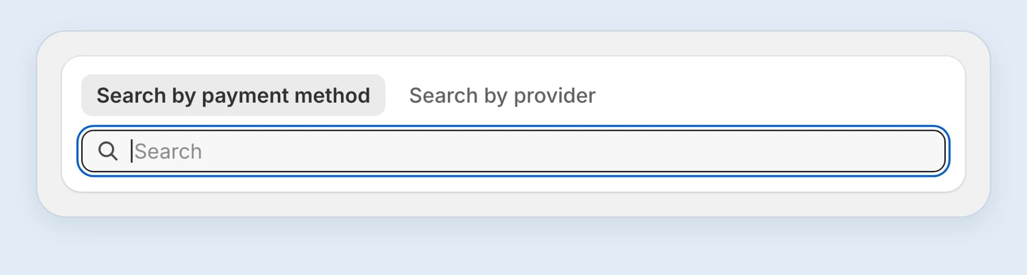 Add payment method page with the Search by payment method tab
