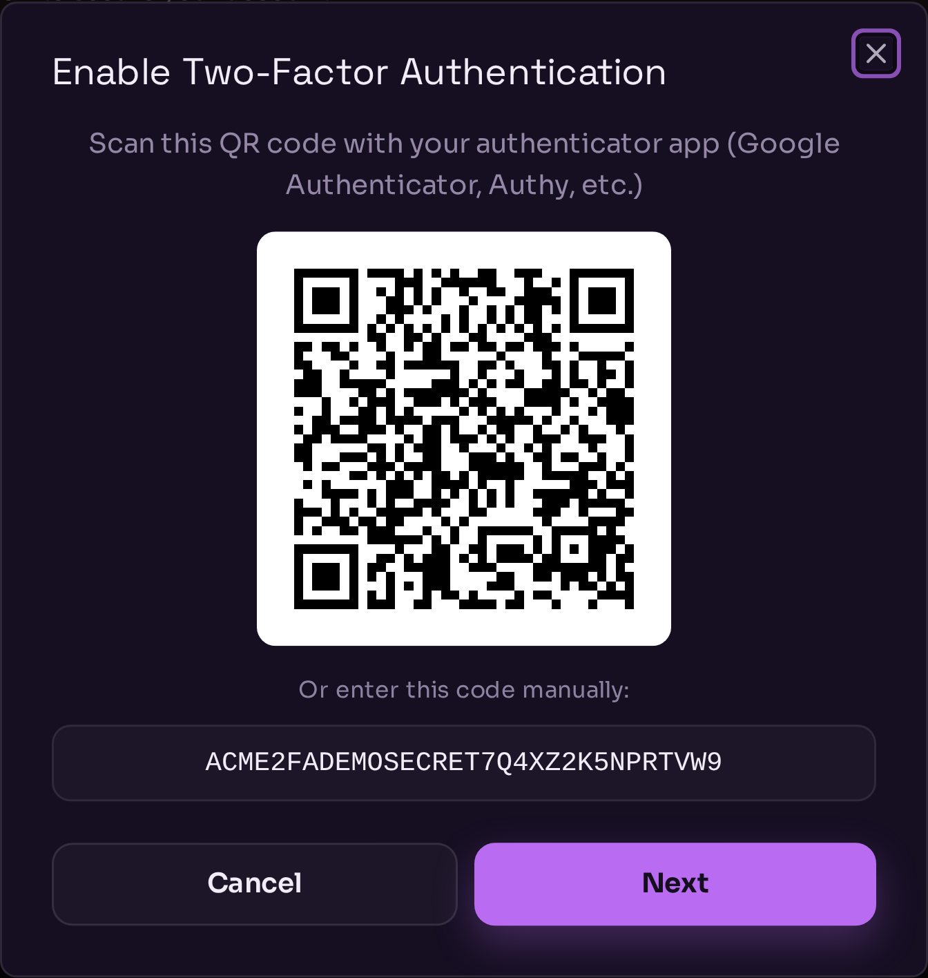 The Enable Two-Factor Authentication dialog showing a QR code and the manual setup code below it
