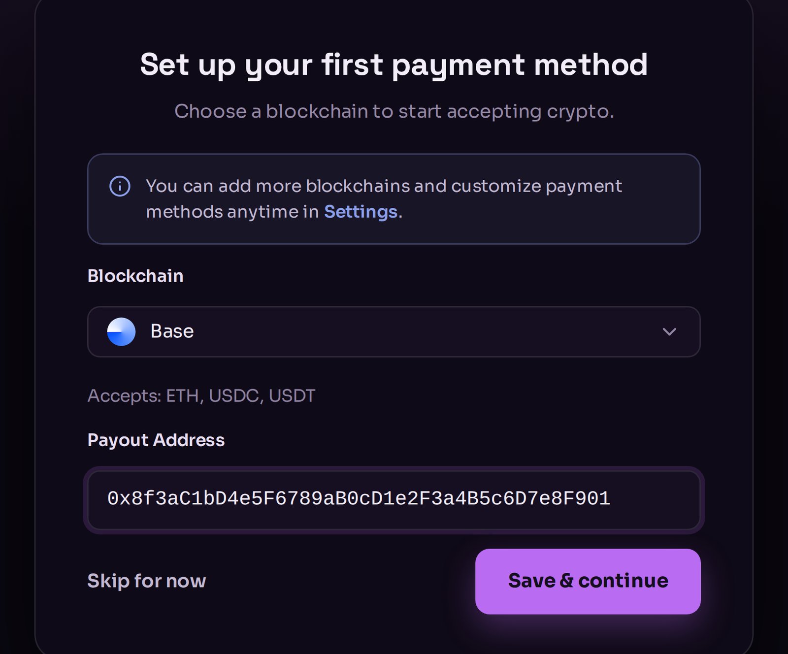 The onboarding payment step with a Blockchain dropdown set to Base and a Payout Address field