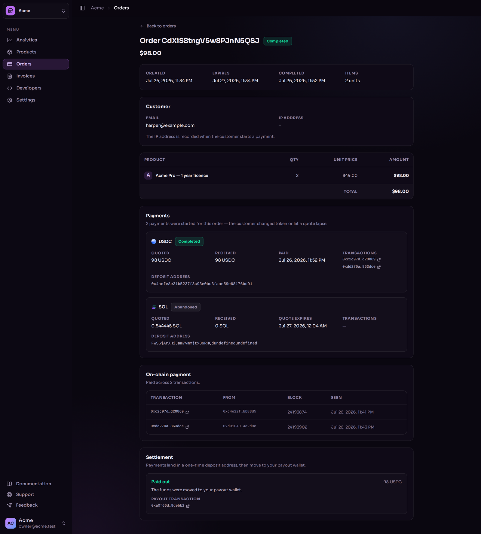 An order detail page with a summary, an items table, a payments section and an on-chain payment table