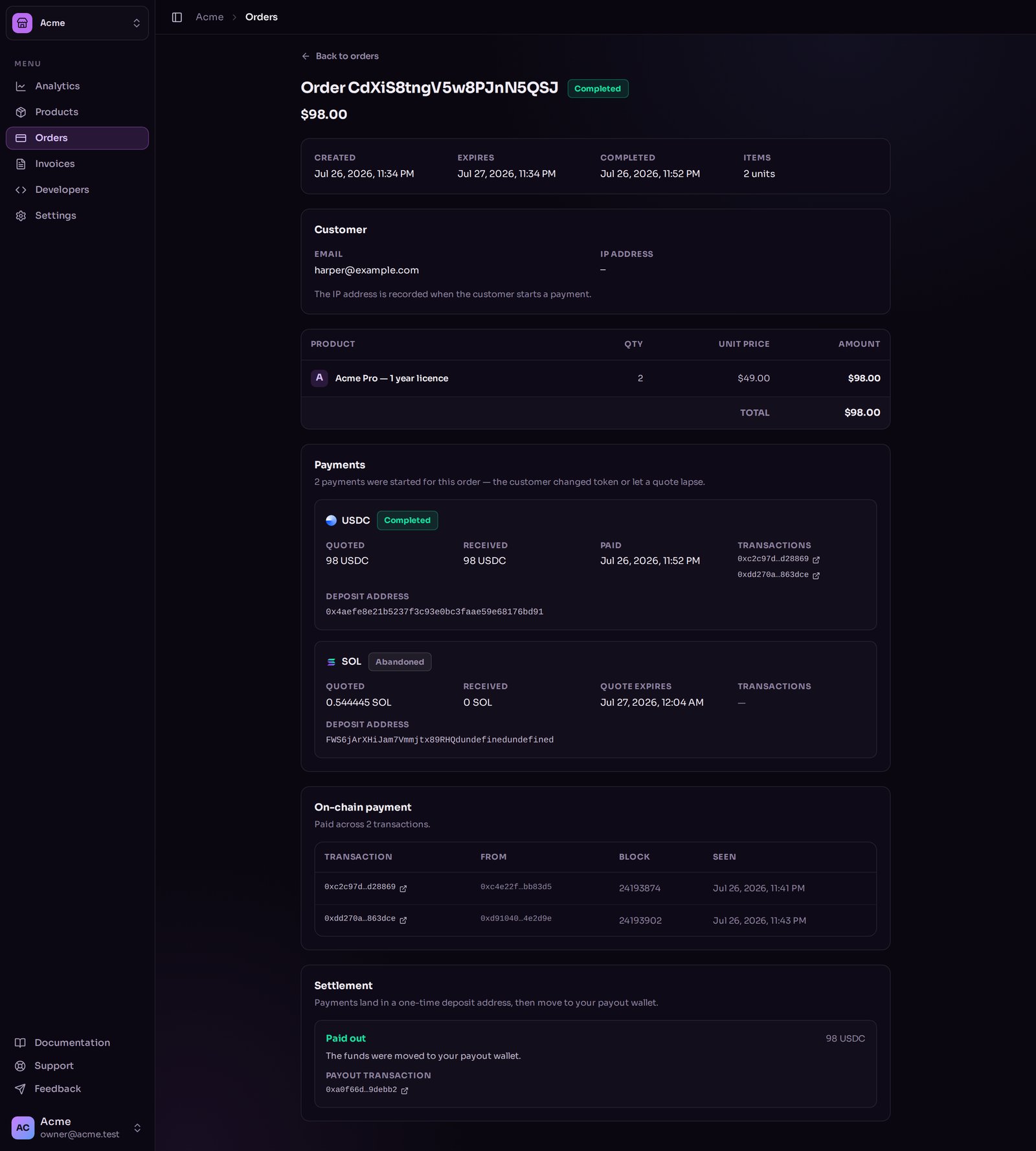 An order detail page with a summary, an items table, a payments section and an on-chain payment table