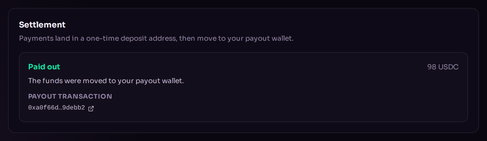An order detail page showing the settlement status Paid out with a link to the sweep transaction