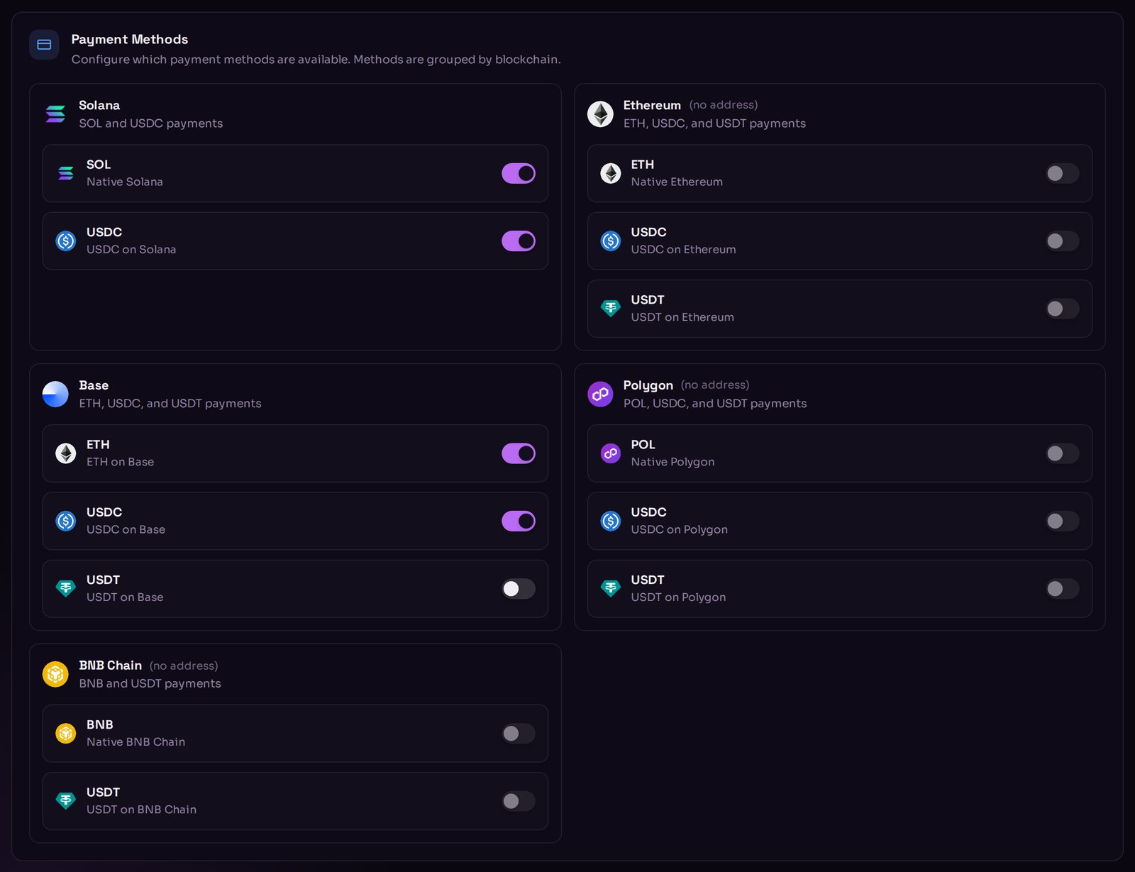 The Payment Methods card in store settings, showing switches for each coin grouped into panels per network