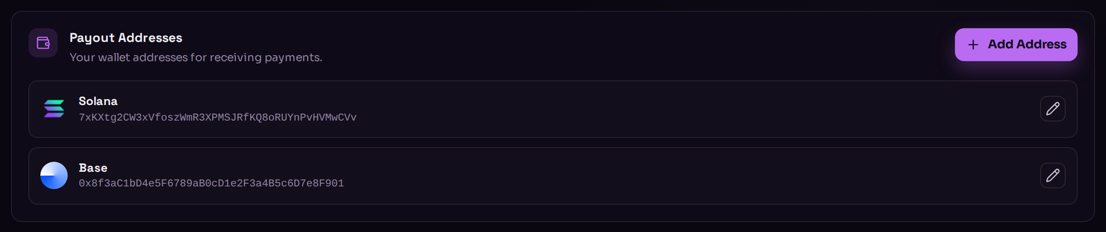 The Payout Addresses card listing a Solana address and a Base address, each with an edit button