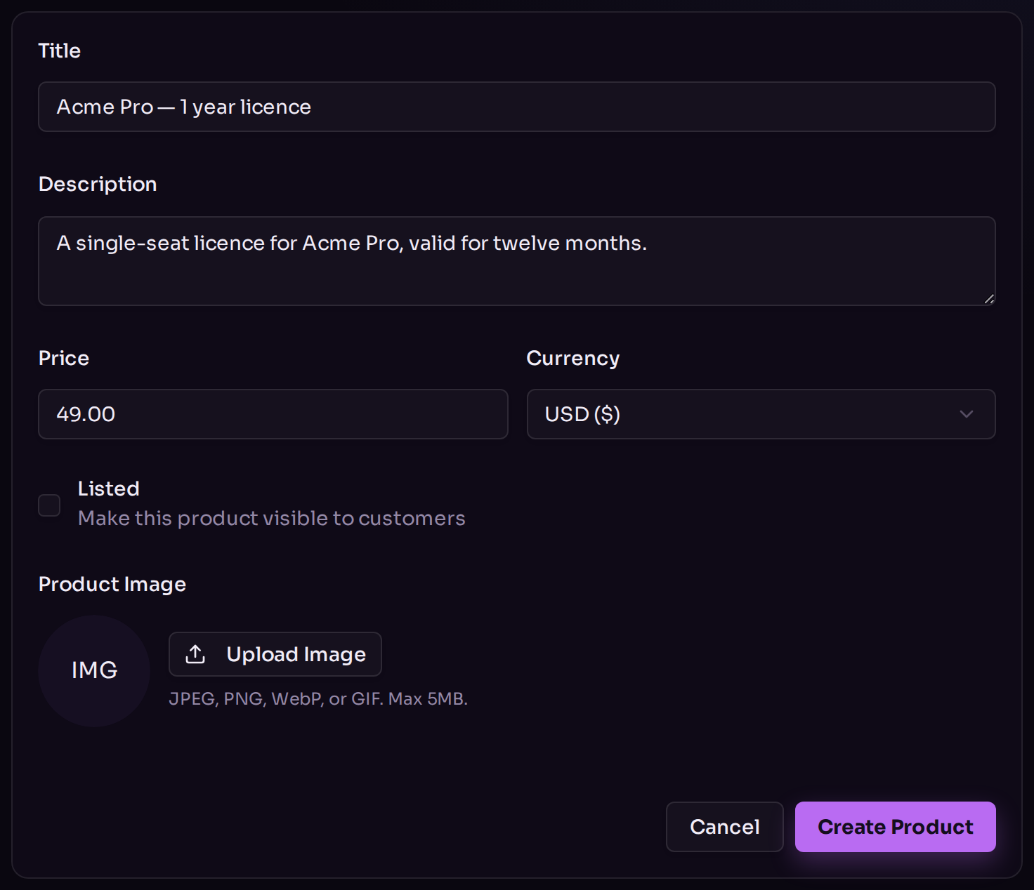 The New Product form with Title, Description, Price, Currency, a Listed checkbox and an image upload