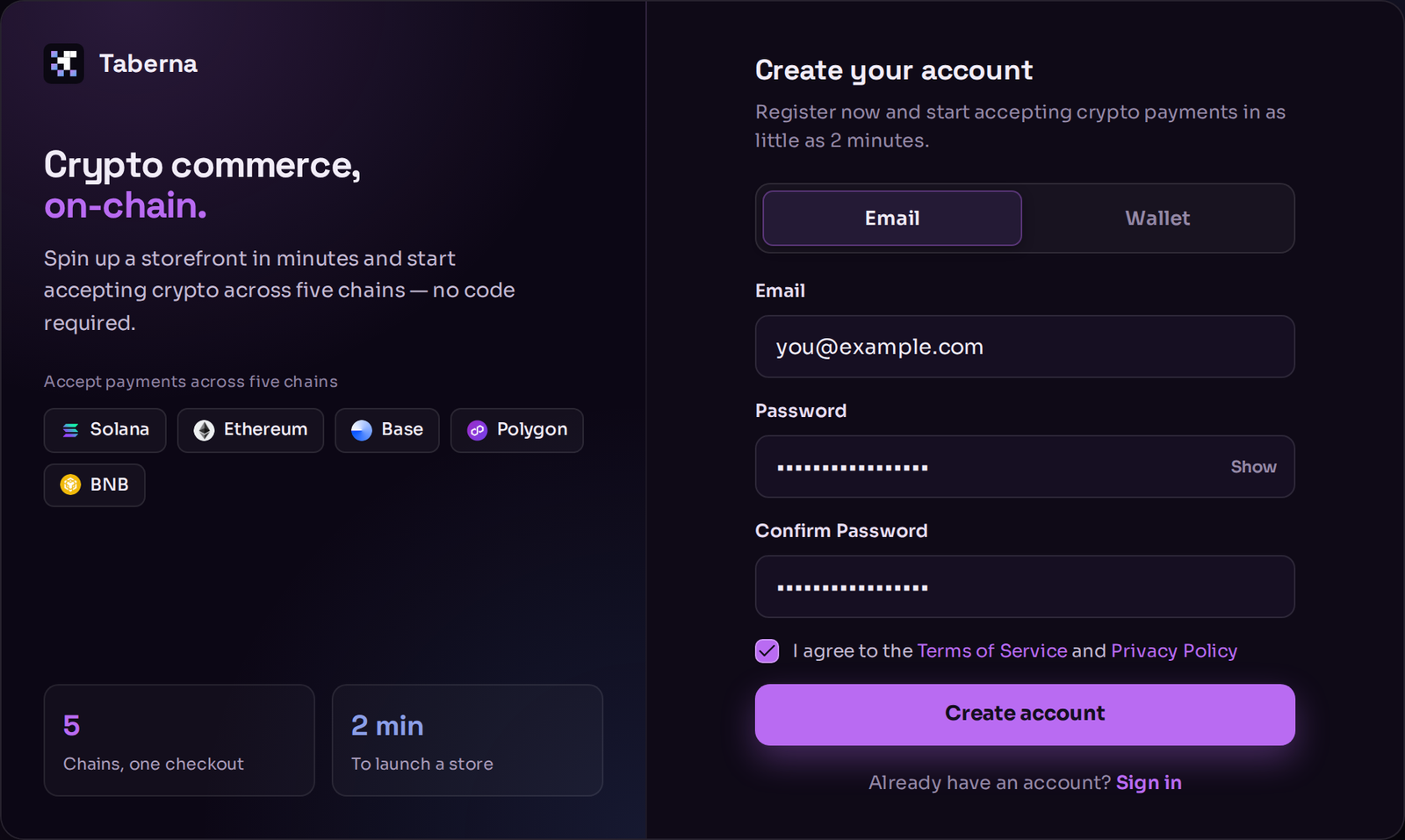 The Taberna create-account screen showing Email and Wallet tabs, an email field and a password field