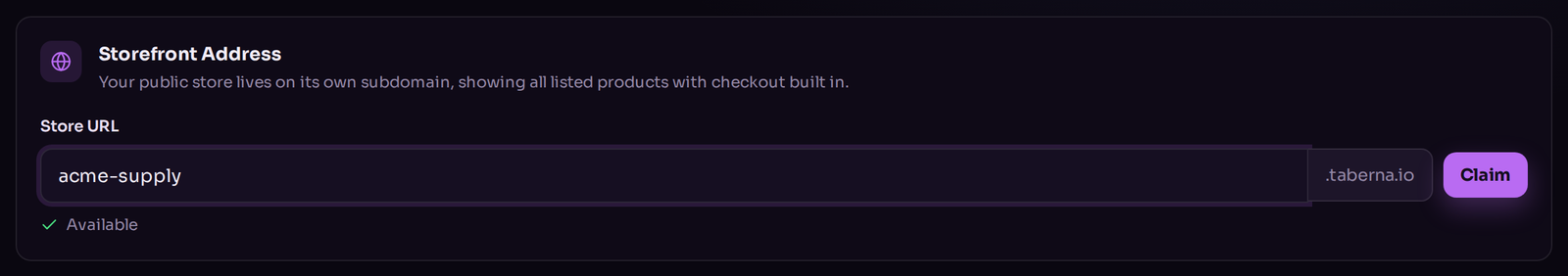The Store URL field in storefront settings with a store address typed in, an Available message and a Claim button
