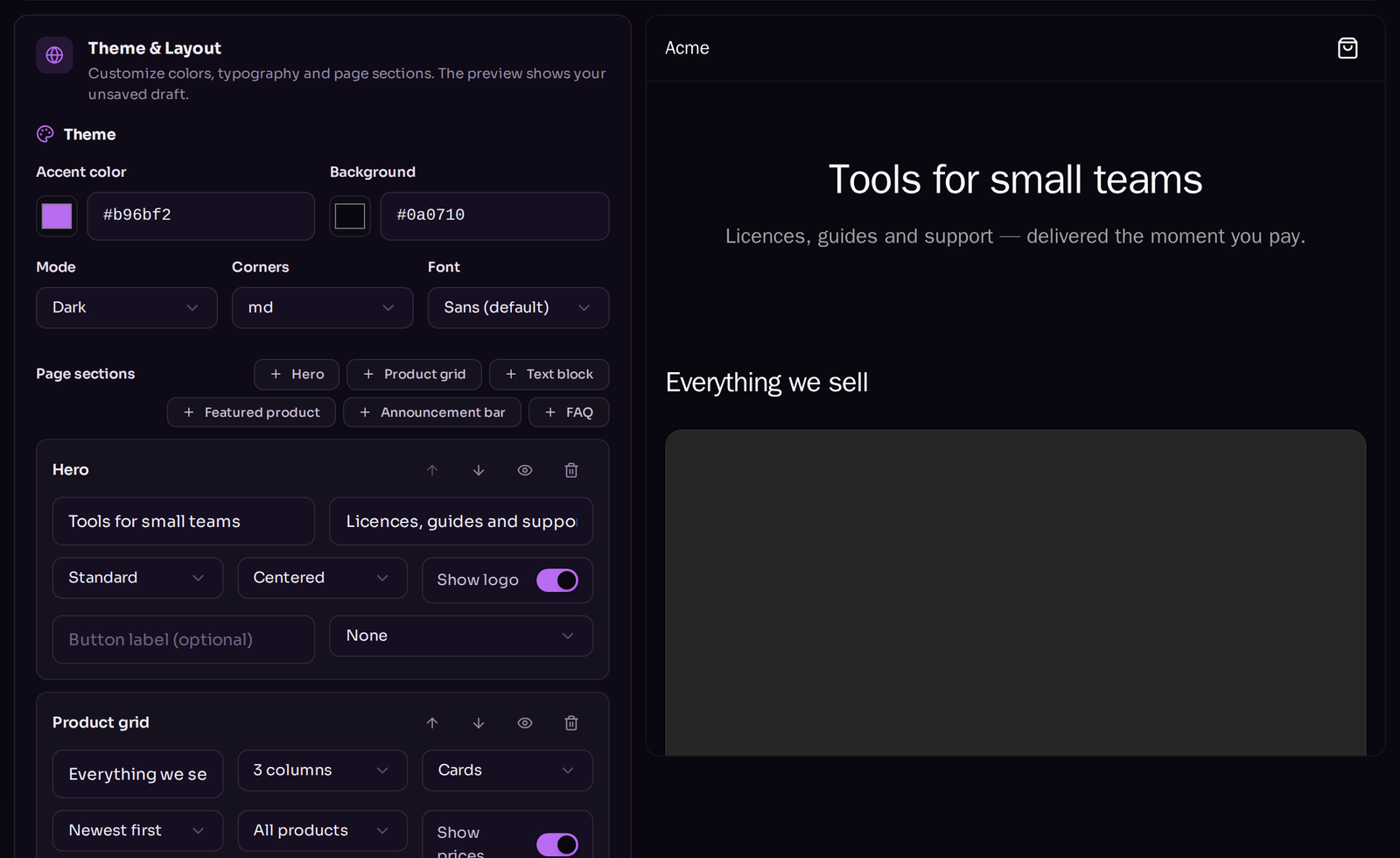 Theme controls for accent colour, background, mode, corners and font, next to an iframe preview of the shop