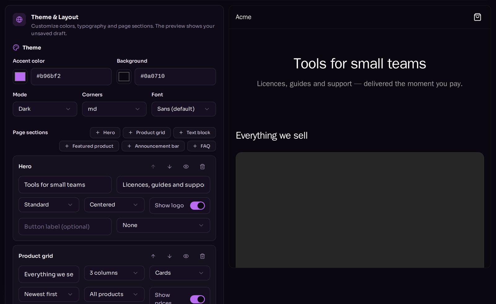 Theme controls for accent colour, background, mode, corners and font, next to an iframe preview of the shop