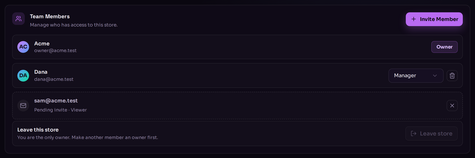 The Team Members card listing members with a role dropdown on each row, and a dashed row reading Pending invite