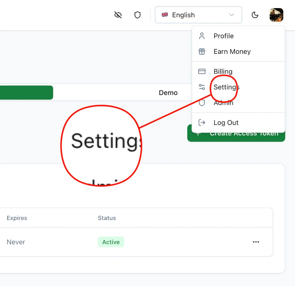 Navigate to Settings from the user menu