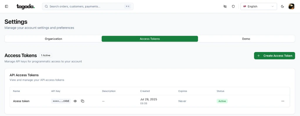 Access Tokens page in Settings