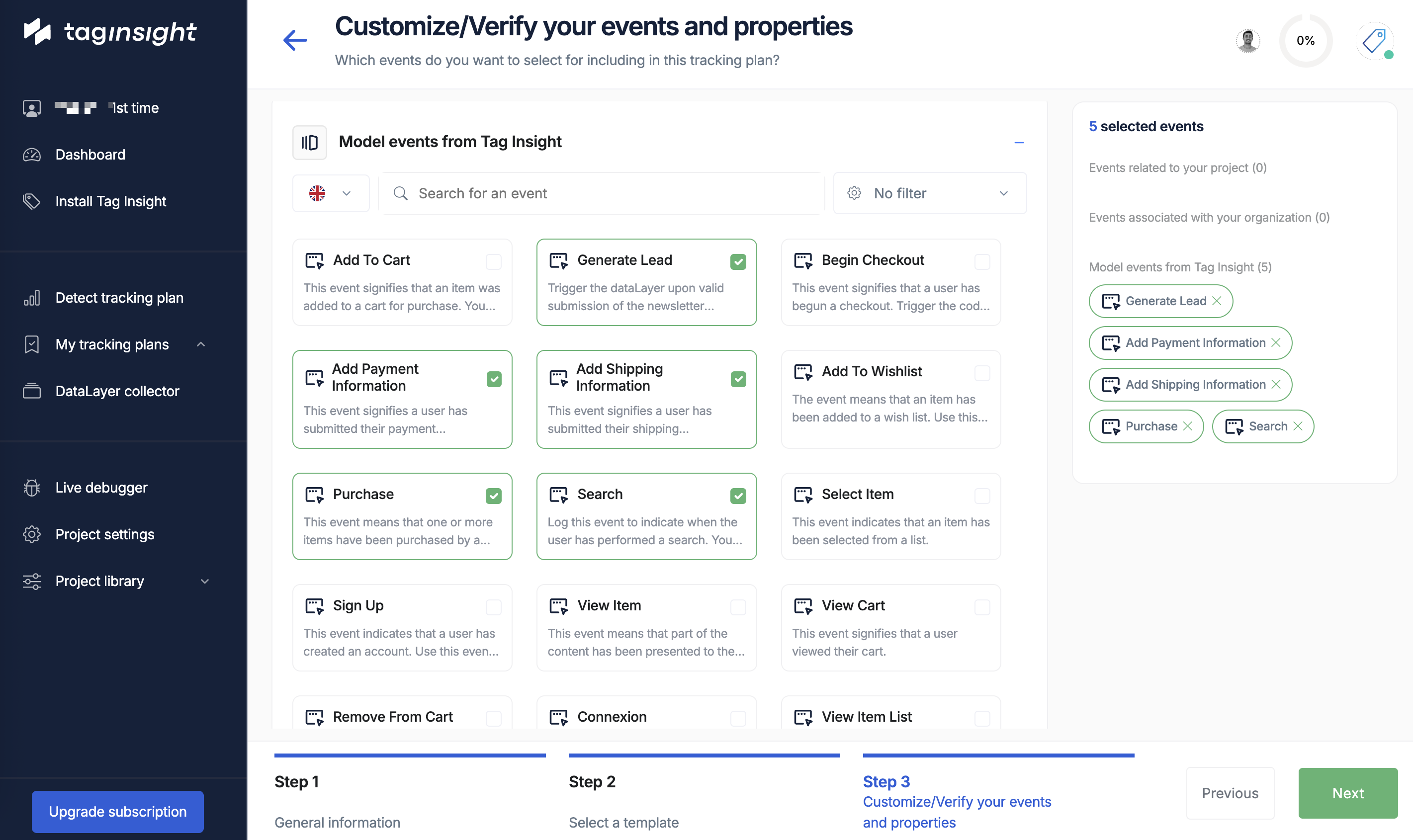 Select Events for Tracking Plan