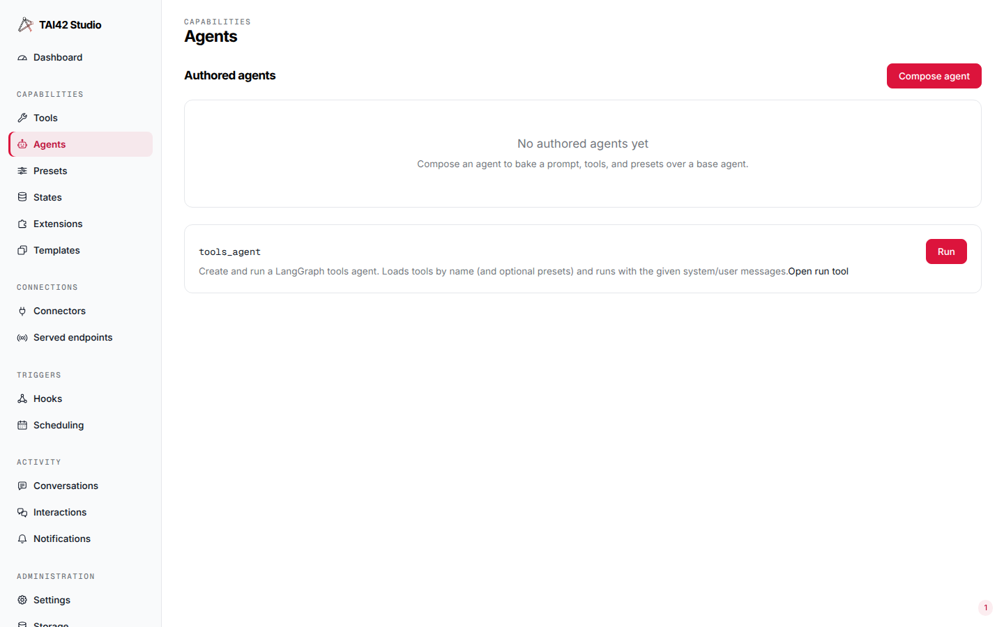 The Agents screen with an empty authored-agents panel above a manifest-registered tools_agent carrying a Run control.