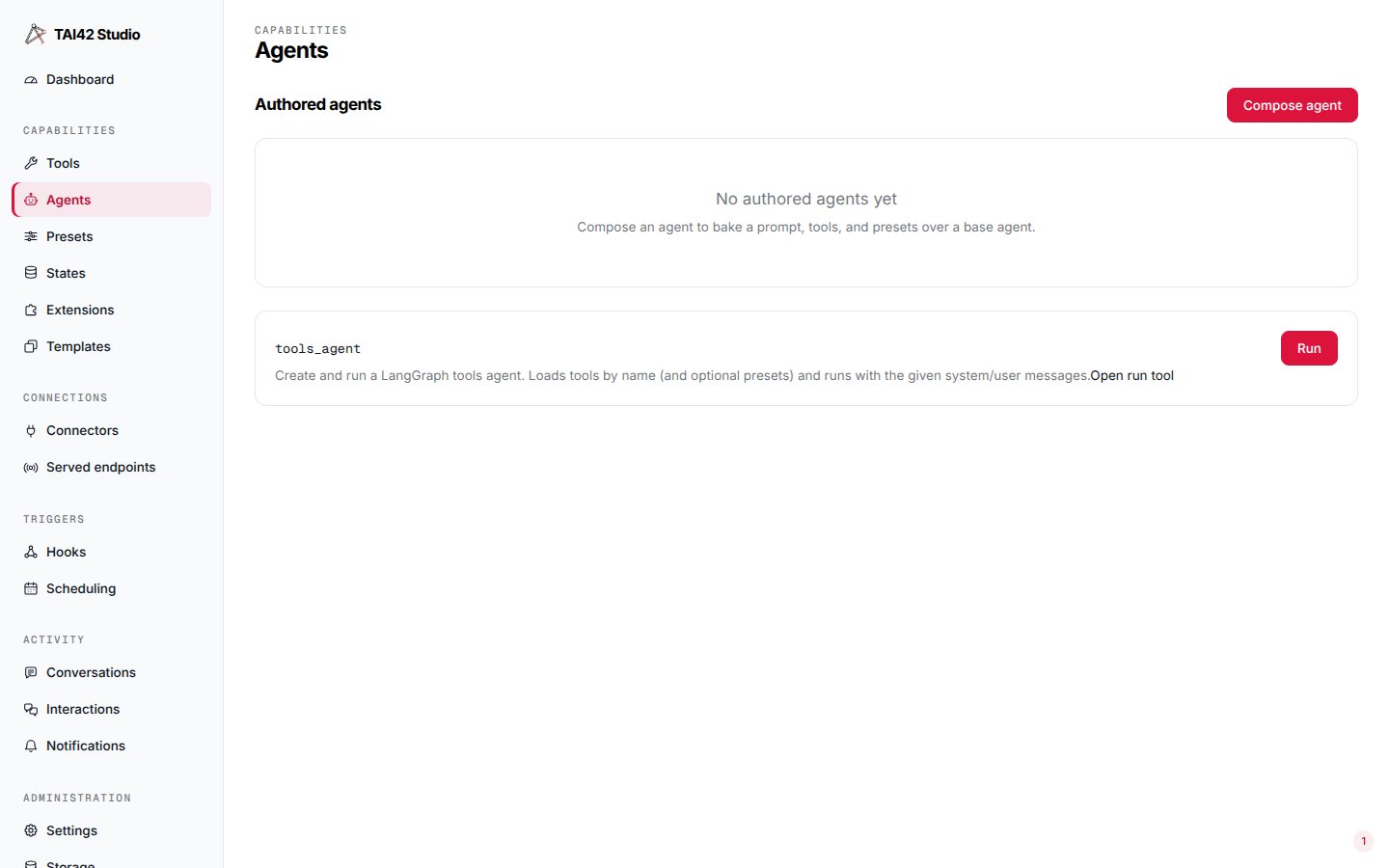 The Agents screen with an empty authored-agents panel above a manifest-registered tools_agent carrying a Run control.