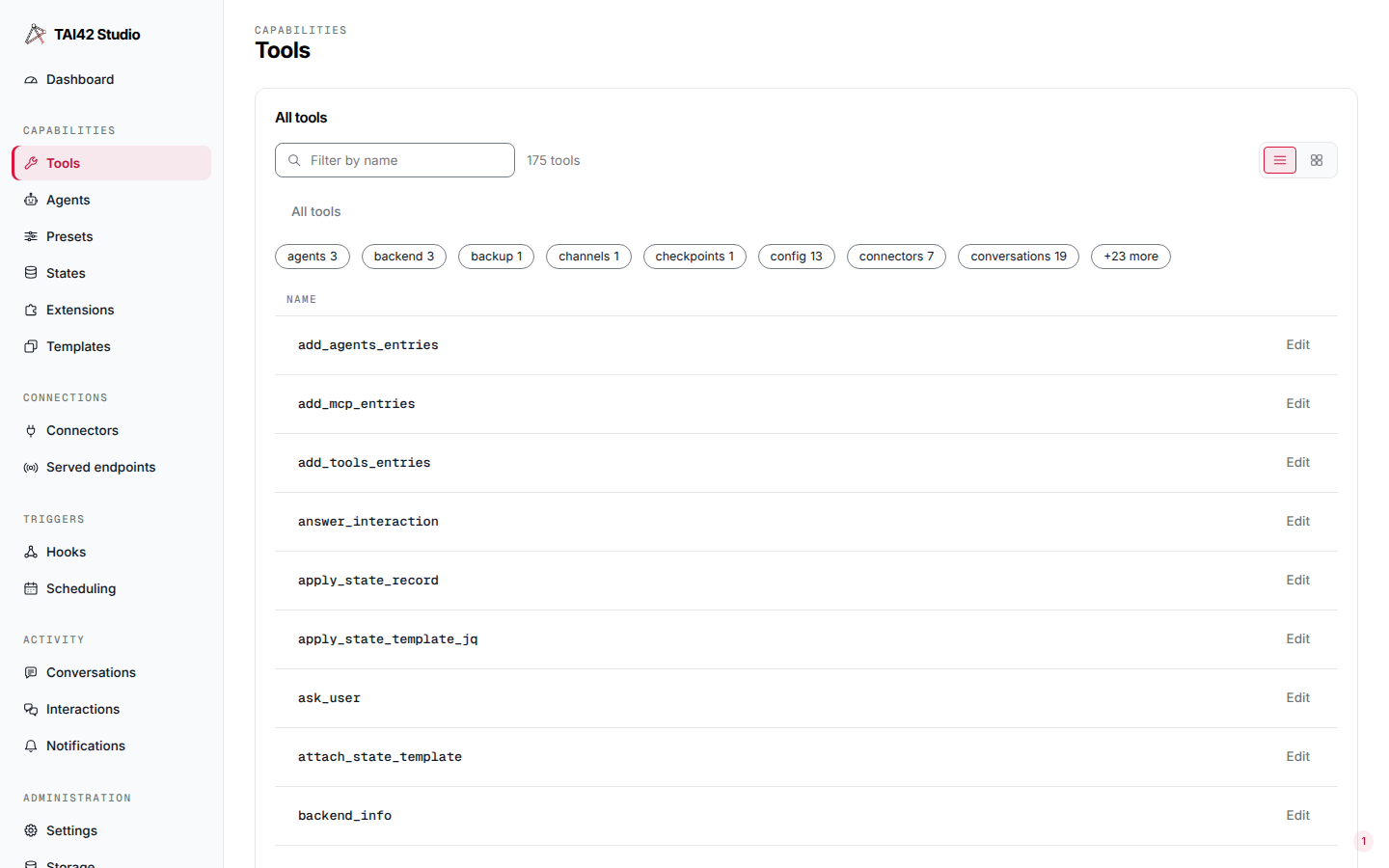 The Studio Tools screen listing the tools a server loaded.