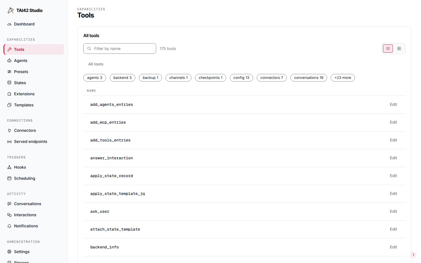 The Studio Tools screen listing the tools a server loaded.