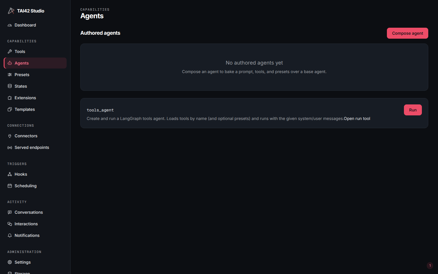 The Agents screen with an empty authored-agents panel above a manifest-registered tools_agent carrying a Run control.