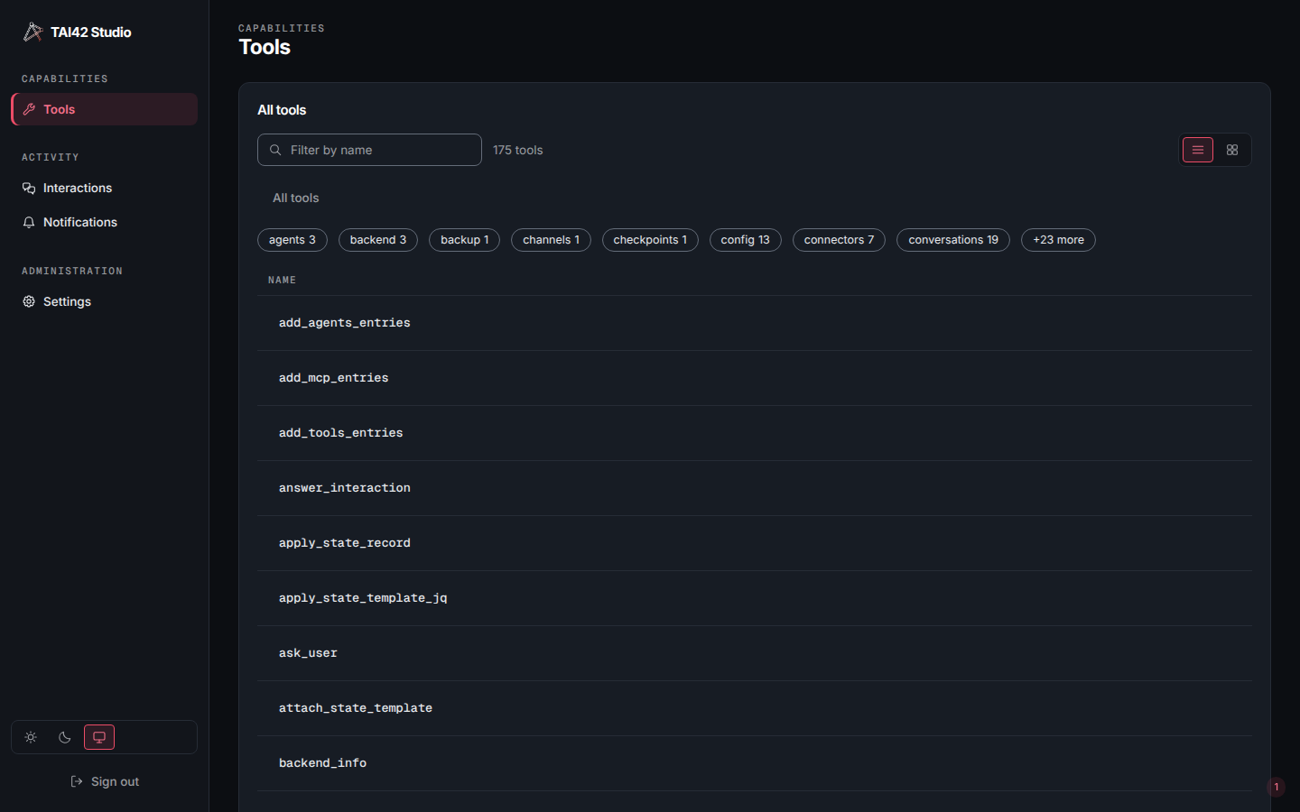 The Tools screen under a capability-scoped owned key, with a trimmed sidebar.