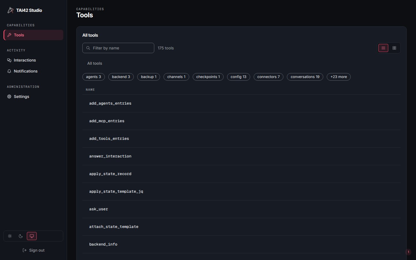 The Tools screen under a capability-scoped owned key, with a trimmed sidebar.