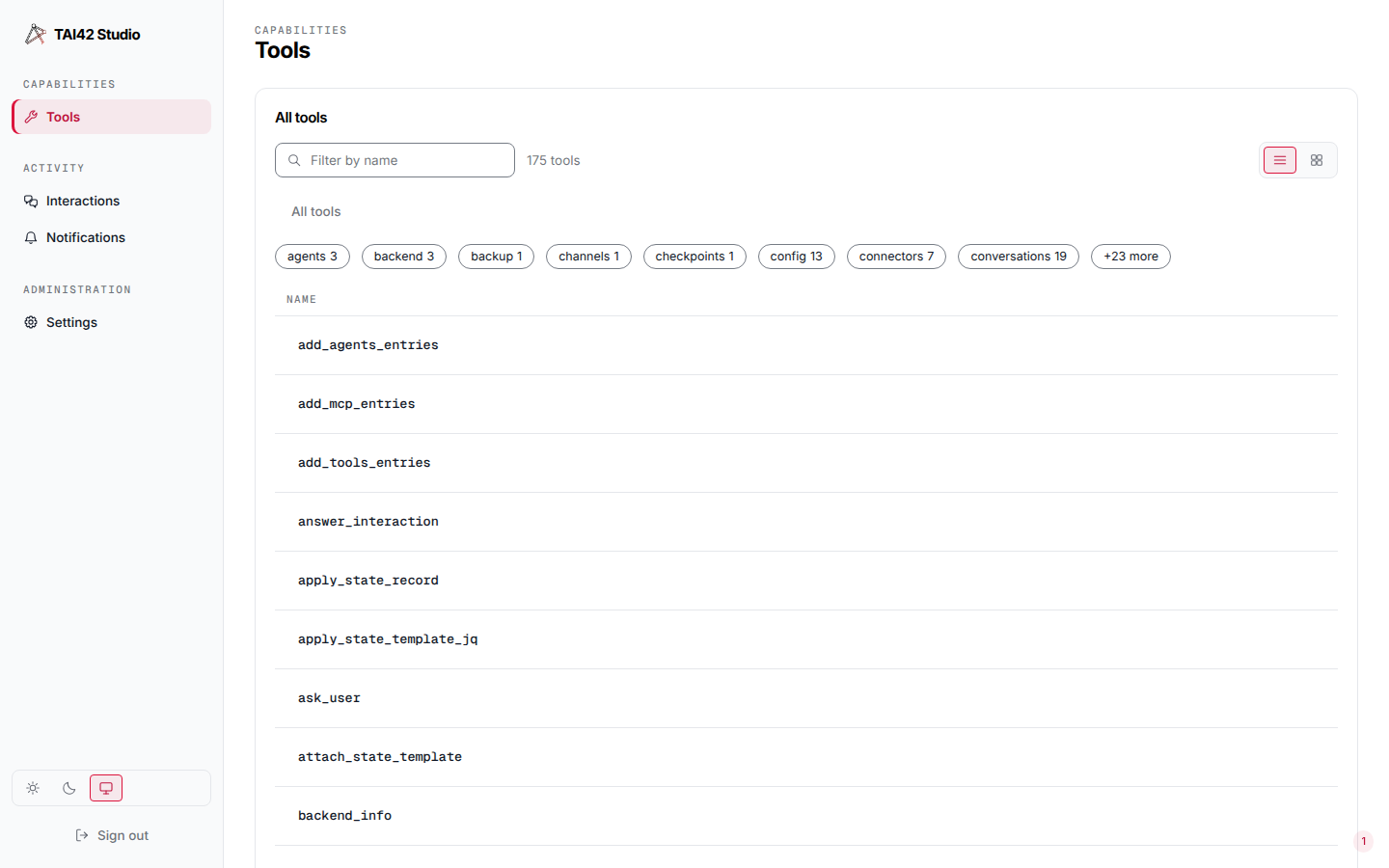 The Tools screen under a capability-scoped owned key, with a trimmed sidebar.