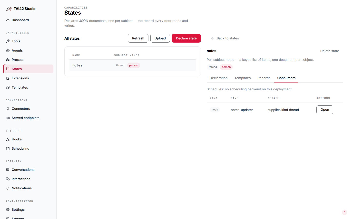 The Consumers tab listing the flows, hooks, schedules, and agents that bind the state.