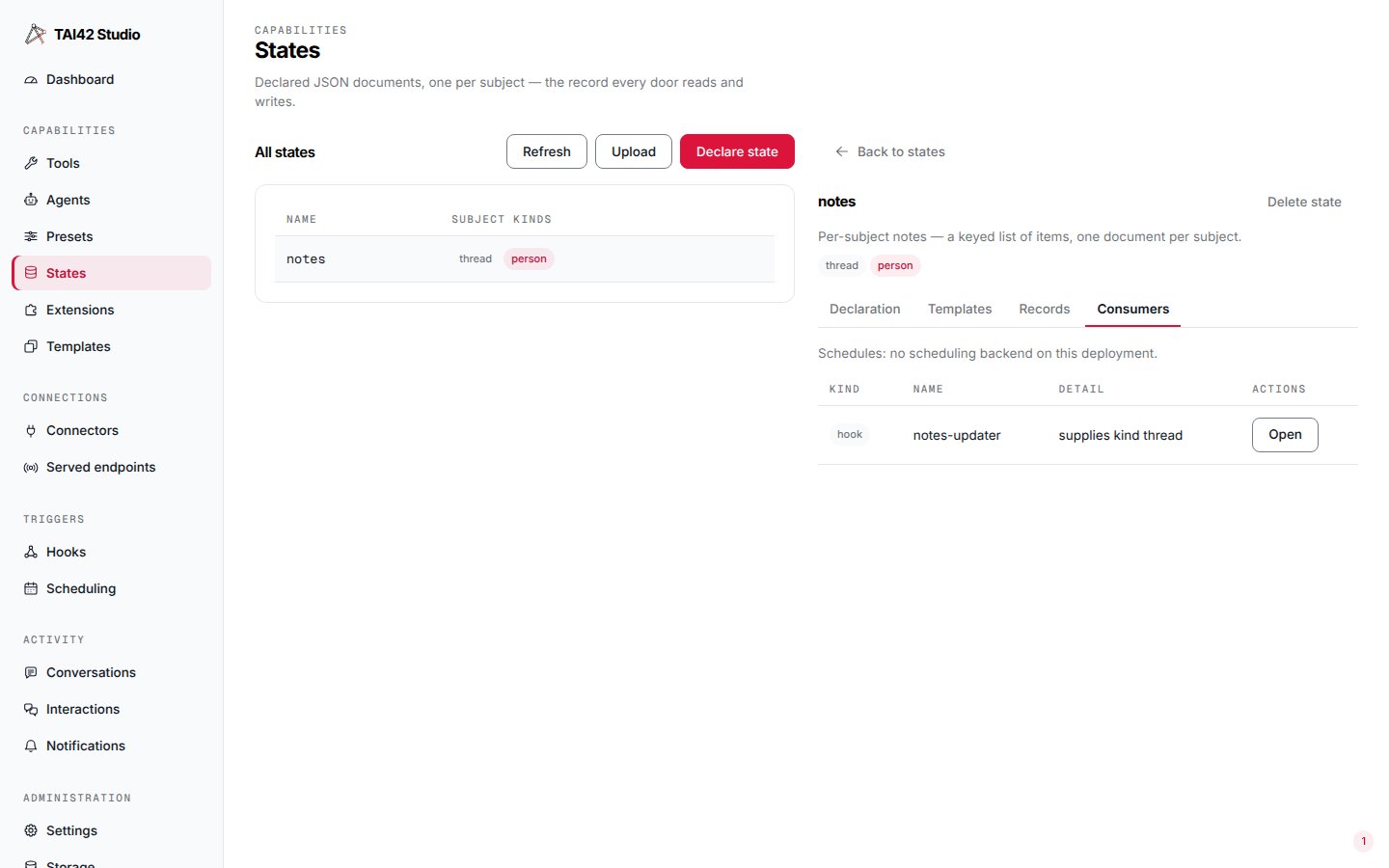 The Consumers tab listing the flows, hooks, schedules, and agents that bind the state.