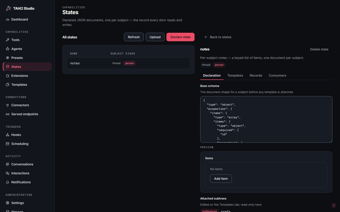 The Declaration tab editing a state's base schema as a field tree with the subject kinds and retention settings.