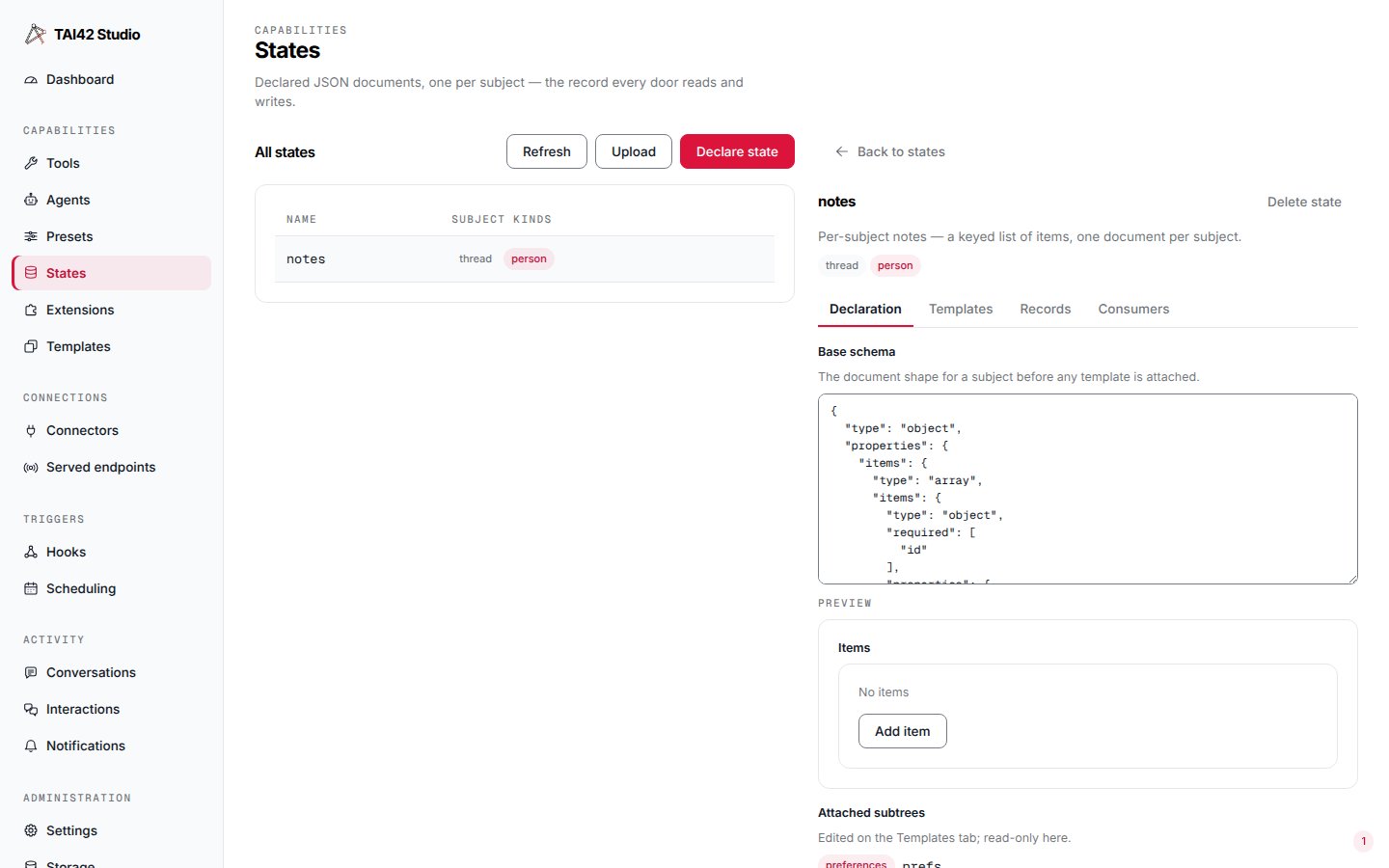 The Declaration tab editing a state's base schema as a field tree with the subject kinds and retention settings.
