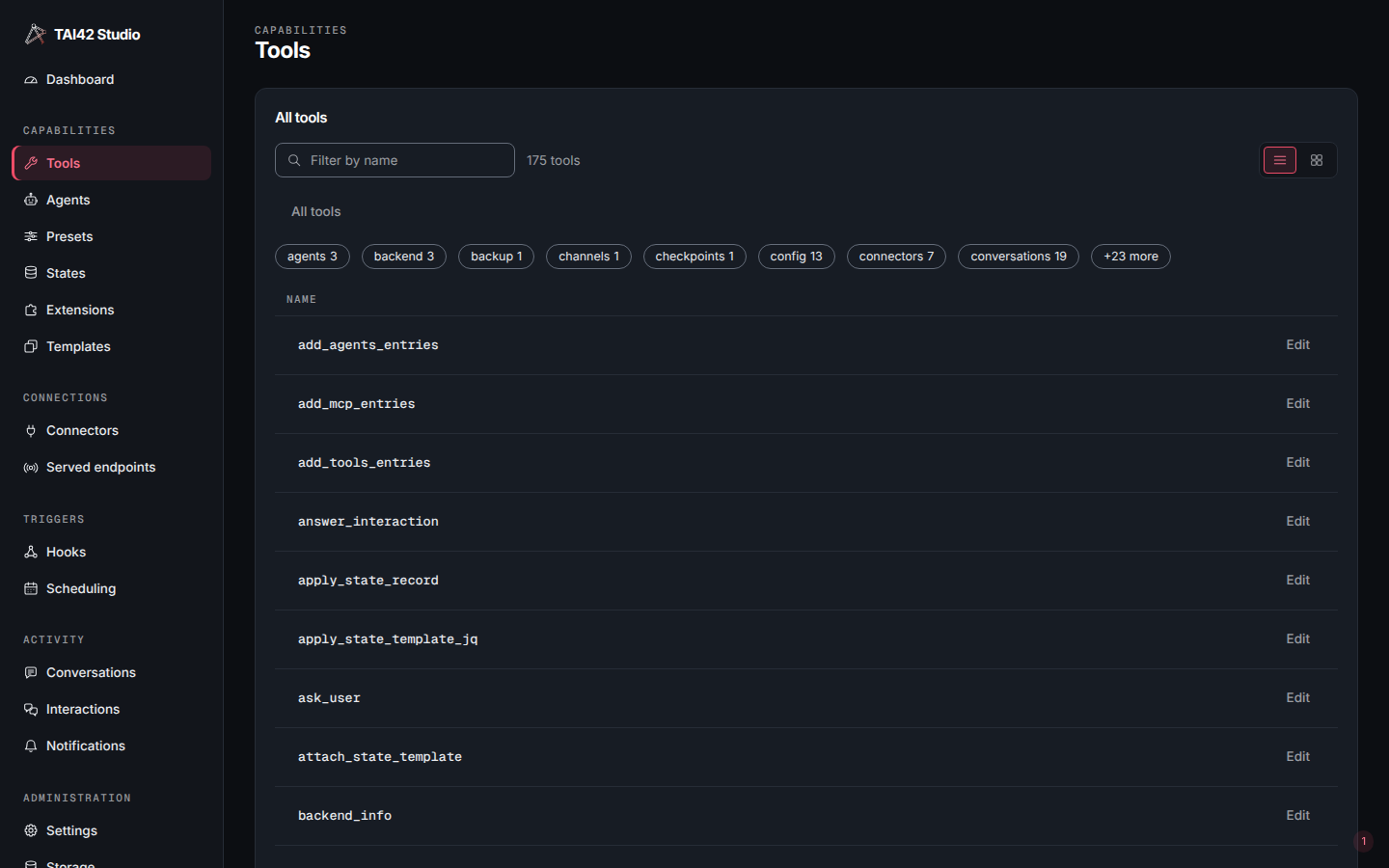 The Studio Tools screen listing the tools a server loaded.