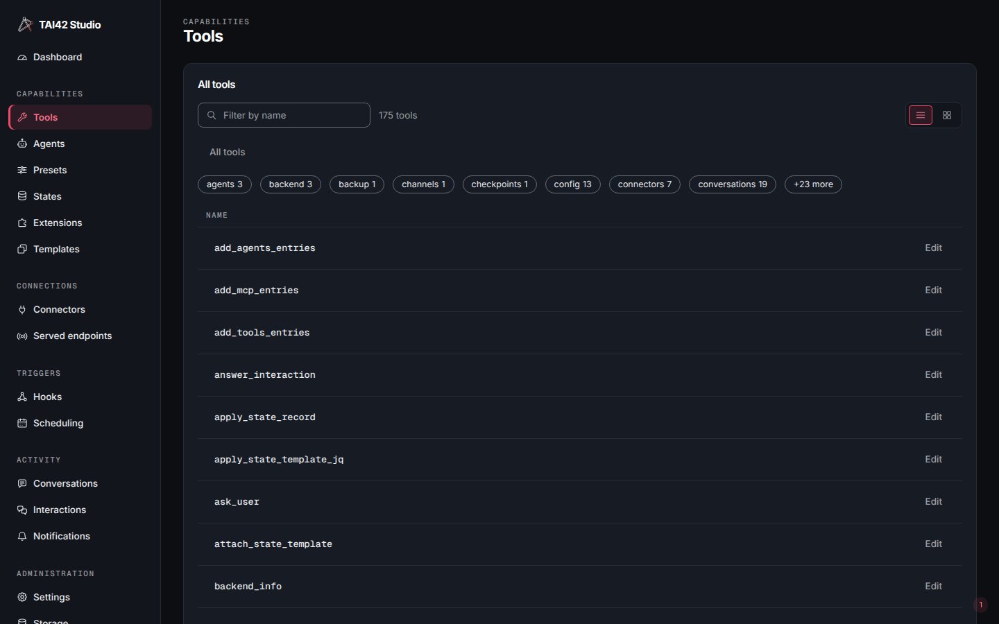 The Studio Tools screen listing the tools a server loaded.