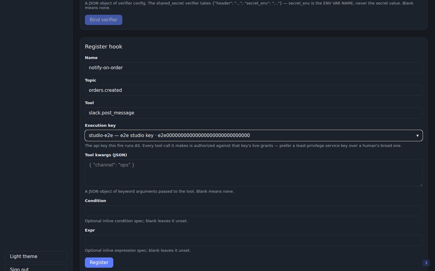 The Studio Hooks page Register hook form with an execution-key picker selected.