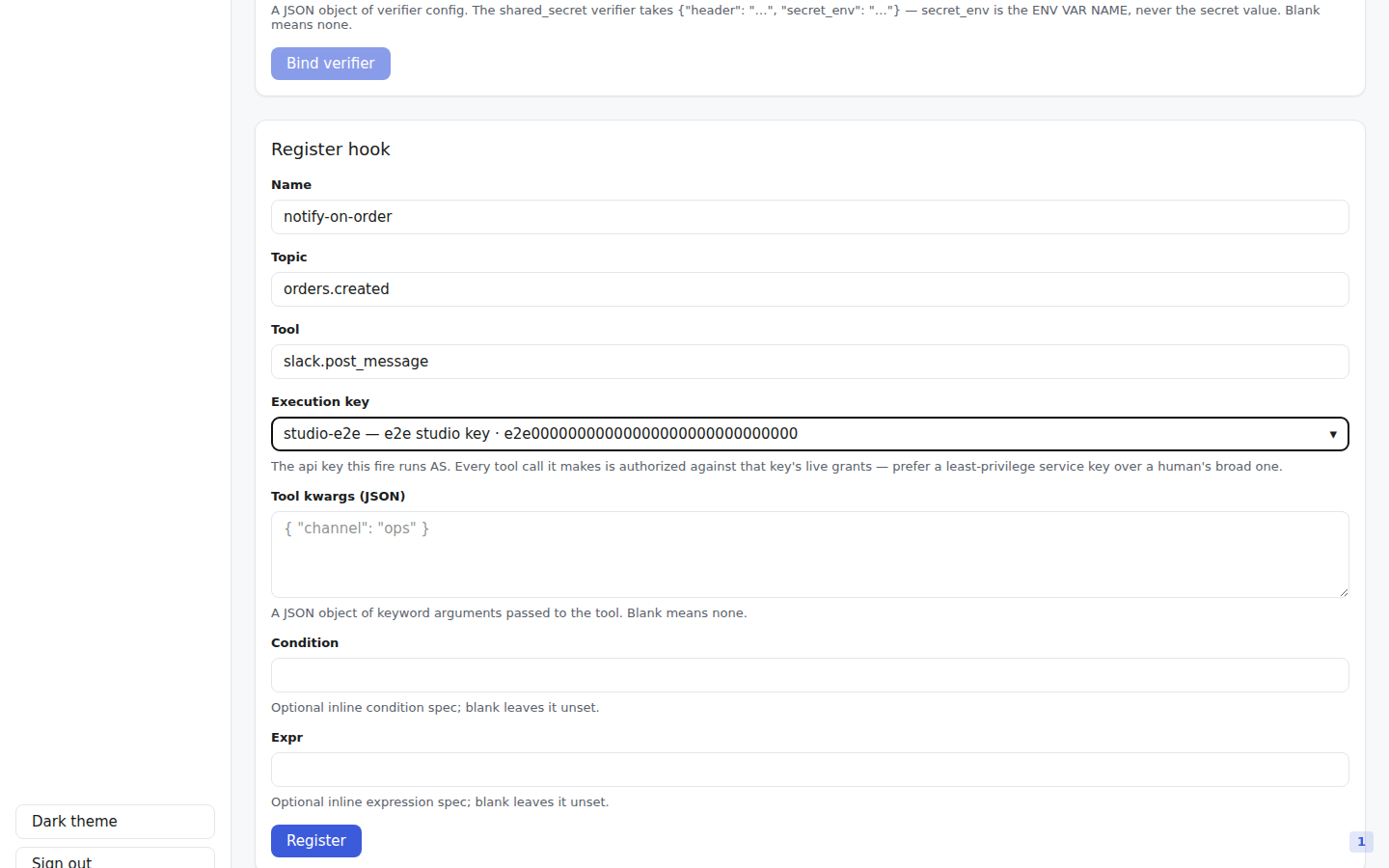 The Studio Hooks page Register hook form with an execution-key picker selected.