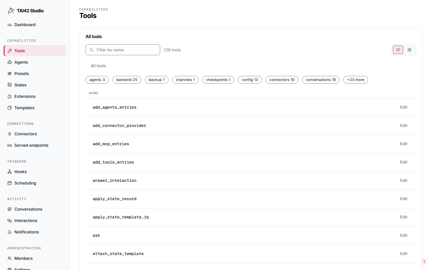 The Studio Tools screen listing the tools a server loaded.