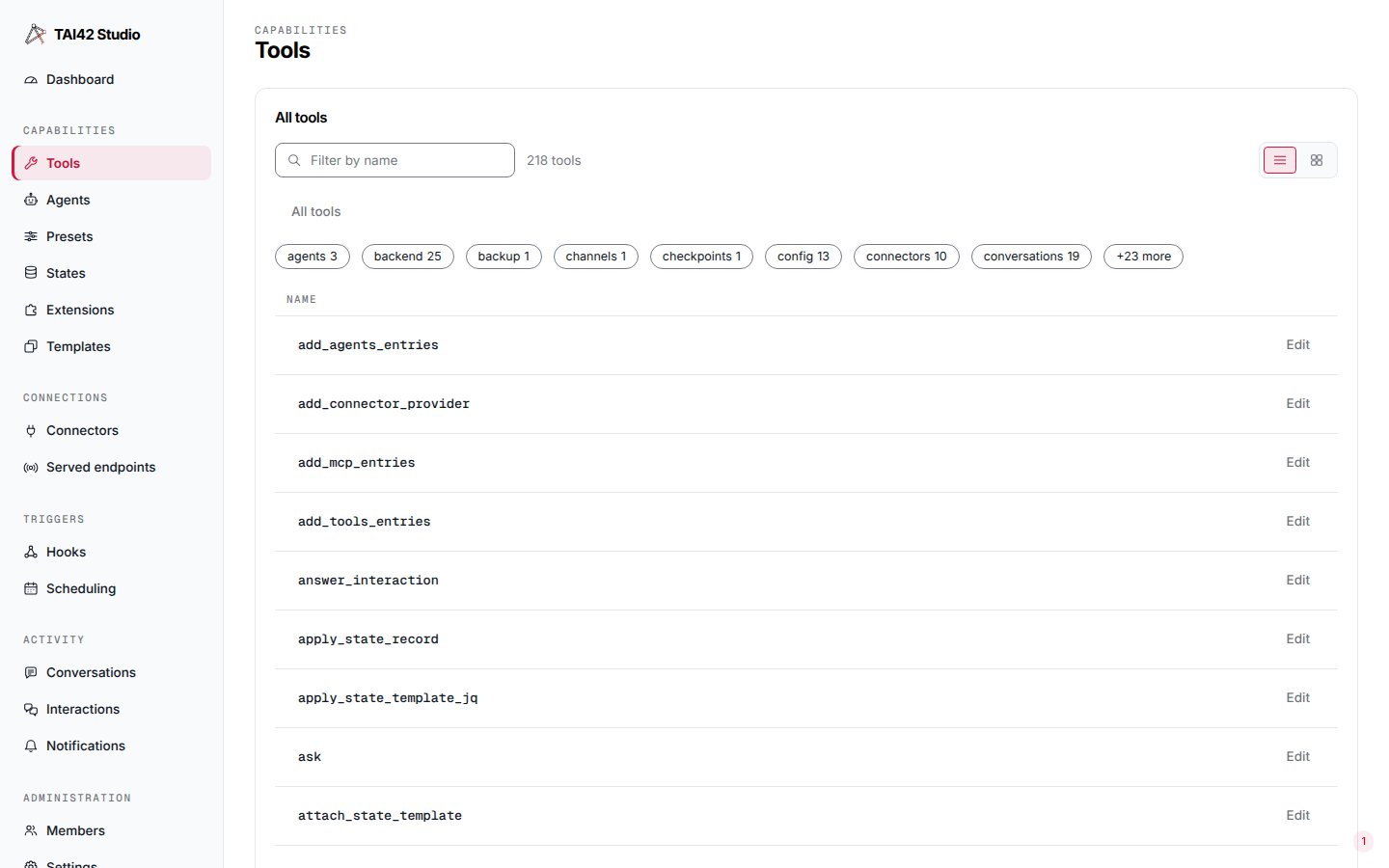 The Studio Tools screen listing the tools a server loaded.