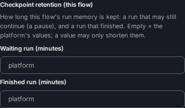 The Checkpoint retention (this flow) group on the Start form: its description, and the Waiting run and Finished run minute inputs, both empty with the placeholder platform.